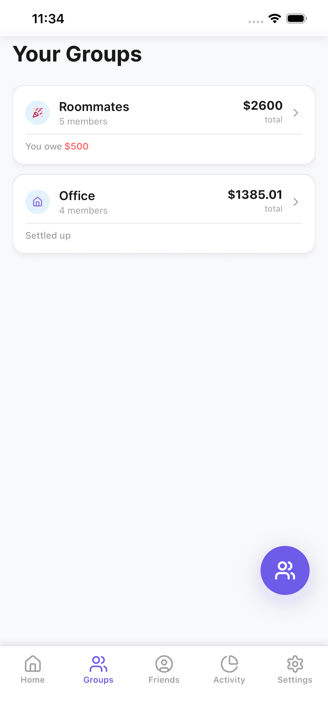 EvenX groups screen for expense splitting and shared group balances
